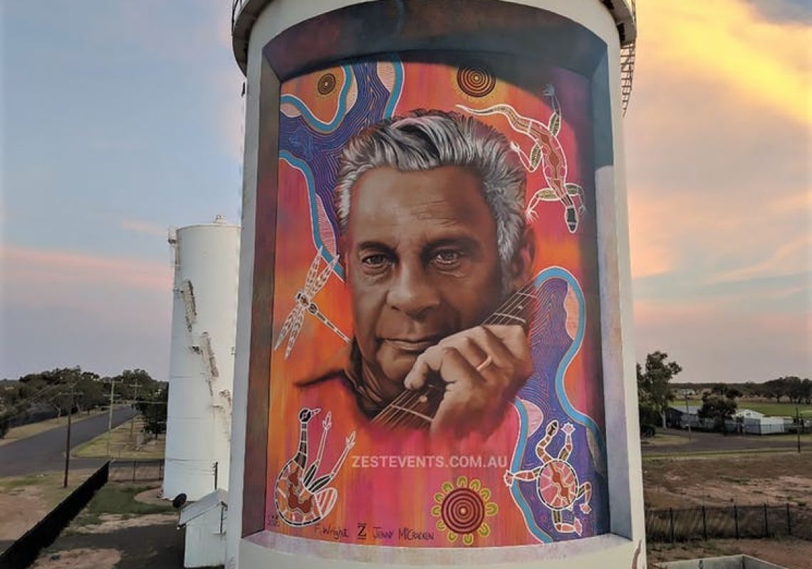 Walgett Water Tower Mural- Jimmy Little in Walgett, Lightning Ridge